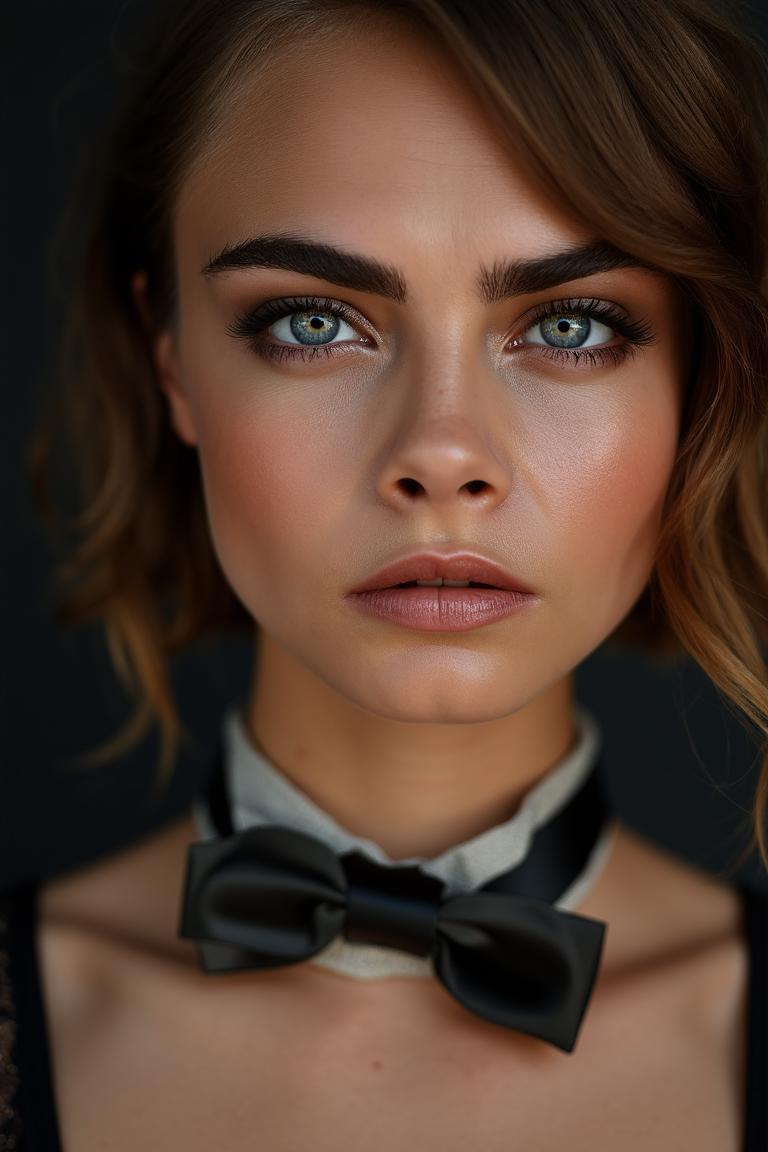 close up of sks woman in a professional photoshoot, studio lighting, wearing bowtie