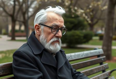 A highly detailed, semi-realistic 3D digital illustration style, long distance, full body view of an old writer sitting on a bench in the park, looking disappointed, tired. His short white hair is combed back from his forehead, revealing a slightly receding hairline. A neatly groomed white beard, Long  sideburns. Mustache neatly curved along his upper lip. Chiseled, narrow face with a strong jawline and prominent cheekbones. Thick, arched eyebrows sit above round, black-framed glasses on his sharp, narrow nose. His pale, healthy skin shows fine lines that reflect his experiences, with a slight rosiness in his cheeks. He wears a long black trenchcoat.  Green Park, Spring, cold weather.