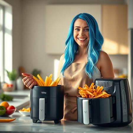 epic cinematic photography of a 23 young woman with a Long shaggy style vibrant blue hair stands in a bright, modern kitchen, enthusiastically showcasing a sleek air fryer. She’s wearing a stylish apron, and the countertop is filled with colorful vegetables and healthy snacks. With a warm smile, she explains the benefits of cooking with an air fryer, demonstrating how easy it is to prepare crispy fries and roasted veggies. The sunlight streams in through the window, highlighting her energetic personality as she invites viewers to join her on a journey to healthier cooking,on the handle of the air fryer it has the company branding that says (Vitta)"