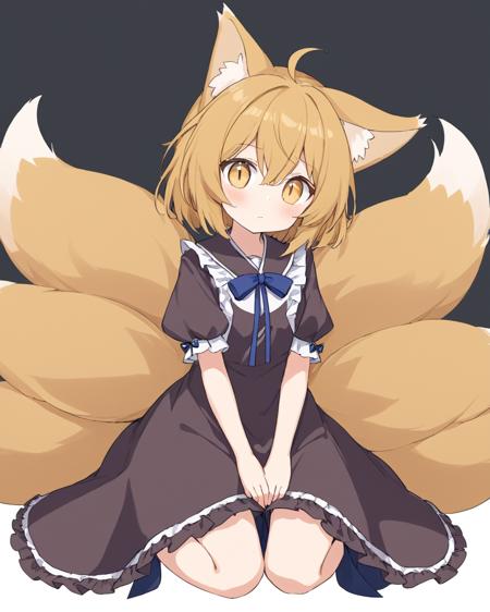 yakumo ran,1girl, multiple_tails, fox_tail, solo, cosplay, frilled_ribbon, brown_dress, short_sleeves, simple_background, white_pupils, white_background, hair_bow, blush, closed_mouth, kitsune, brown_bow, hair_ribbon, looking_down, fox_girl
<lora:yakumo_ran_image6380_2023-12-20-000004:1>,star-shaped_pupils,symbol-shaped_pupils,. gorgeous,key visual, vibrant, studio anime,award-winning, professional, highly detailed,high budget, cinemascope