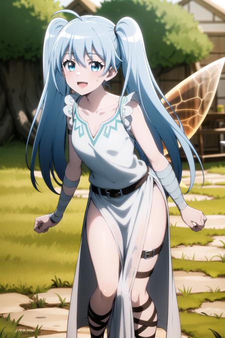 best quality, masterpiece, detailed,
<lora:chara_BenriyaSaitousanIsekainiIku_Lafanpan:0.8>, lafanpan,
open mouth, smile, light blush,
twintails, blue hair, long hair, ahoge, blue eyes, (wings:1.2),
collarbone, small breasts, white dress, belt, bandages, wrist wrap, sleeveless, gladiator sandals,
standing, looking at the viewer,
fantasy, grass field, forest