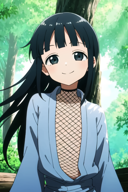 masterpiece, best quality, kunoichimokuren, long hair,  1girl, solo, black eyes, fishnets, aqua kimono, upper body,  looking at viewer, long sleeves, sunlight, outdoors, light smile, tree,