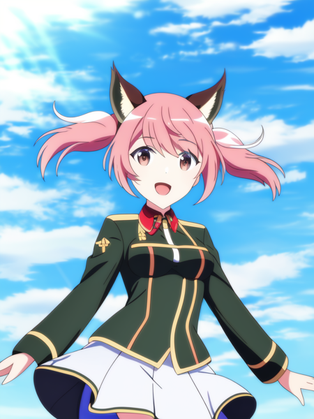 portrait, (solo, 1girl), portrait, (solo, 1girl), day time, small breasts, (Dark Brown eyes), extra short hair,(Pink hair) twintails, (Dark Red military uniform), sky, clouds background, best quality, 1girl, dog ears, smile, open mouth, (anime, waifu, new, newest:1.2), (anime, waifu, new, newest:1.2)
(exceptional, best aesthetic, new, newest, best quality, masterpiece, extremely detailed, anime, waifu:1.2)  <lyco:NotSHAFT_v2-epoch05-Dadapt-WD15BWeeb:1.0>