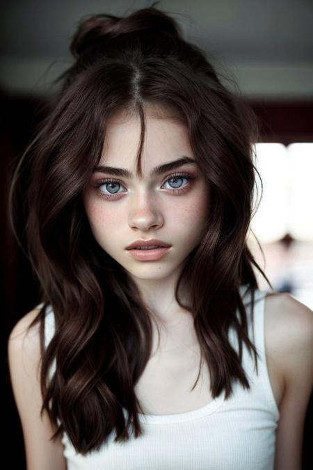 <lora:sd15_OliviaChristie_v1:.9> OliviaChristie, focus on eyes, close up on face, mahogany color hair styled cinnamon bun, desaturated grunge filter,