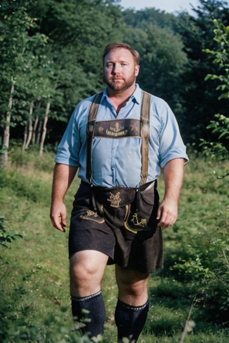 cinematic photo,  full body portrait, Alexjones Person wearing a lederhosen and crosspiece with Beau blue colored shirt , in  Grass Forest, 35mm photograph, film, bokeh, professional  <lora:Lederhosen-v1:.7> <lora:epiCRealismHelper:.7> <lora:Alex Jones - Trigger w Alexjones Person:1> <lora:weight_slider_v2:2>