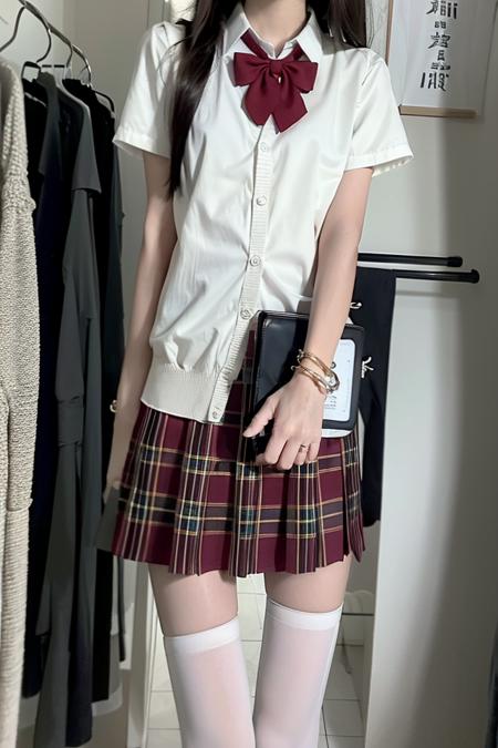 (raw photo,realistic, ),1girl,solo,skirt,white shirt,shirt,handbag,shoes,bracelet,jewelry,looking at viewer,narrow shoulder width,flat chest,pleated skirt,red plaid skirt,photorealistic,black thighhighs,<lora:szsjk:0.8>,cardigan,over-kneehighs,black pantyhose,bowtie,small black leather shoes,fitting room,