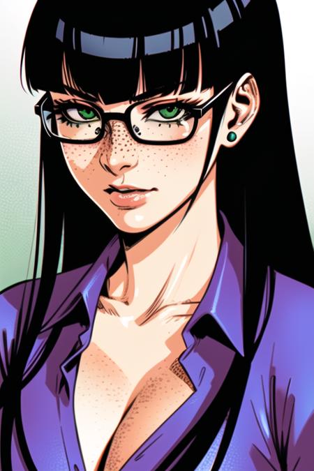 <lora:Punchline:0.8>, woman, long hair, black hair, bangs, solo, glasses, green eyes,collared shirt, blunt bangs, freckles, PunchlineDC, (masterpiece:1.0), (best quality:1.0), (8k wallpaper:1.0), extremely delicate and beautiful, (beautiful detailed face:1.0), (detailed deep eyes),  symmetrical breasts, deep eyes,