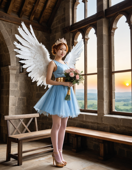 (angelic angel with feathered wings and an angel halo) young woman, Medium build, medium ginger double buns hair, korean, tan skin, brown eyes, wearing a crown of silver feathers glimmering with divine energy, celestial blue  tunic with with golden sash, shimmmering tulle skirt, pink stockings, rose gold heels, clutching a bouquet of blooming flowers imbued with divine fragrance, set in church Bell Tower, Towering structure with a spiral staircase, a large bronze bell hanging from chains, wooden beams crisscrossing overhead, a panoramic window offering views of the surrounding landscape, a weathered oak bench for contemplation  , at sunset