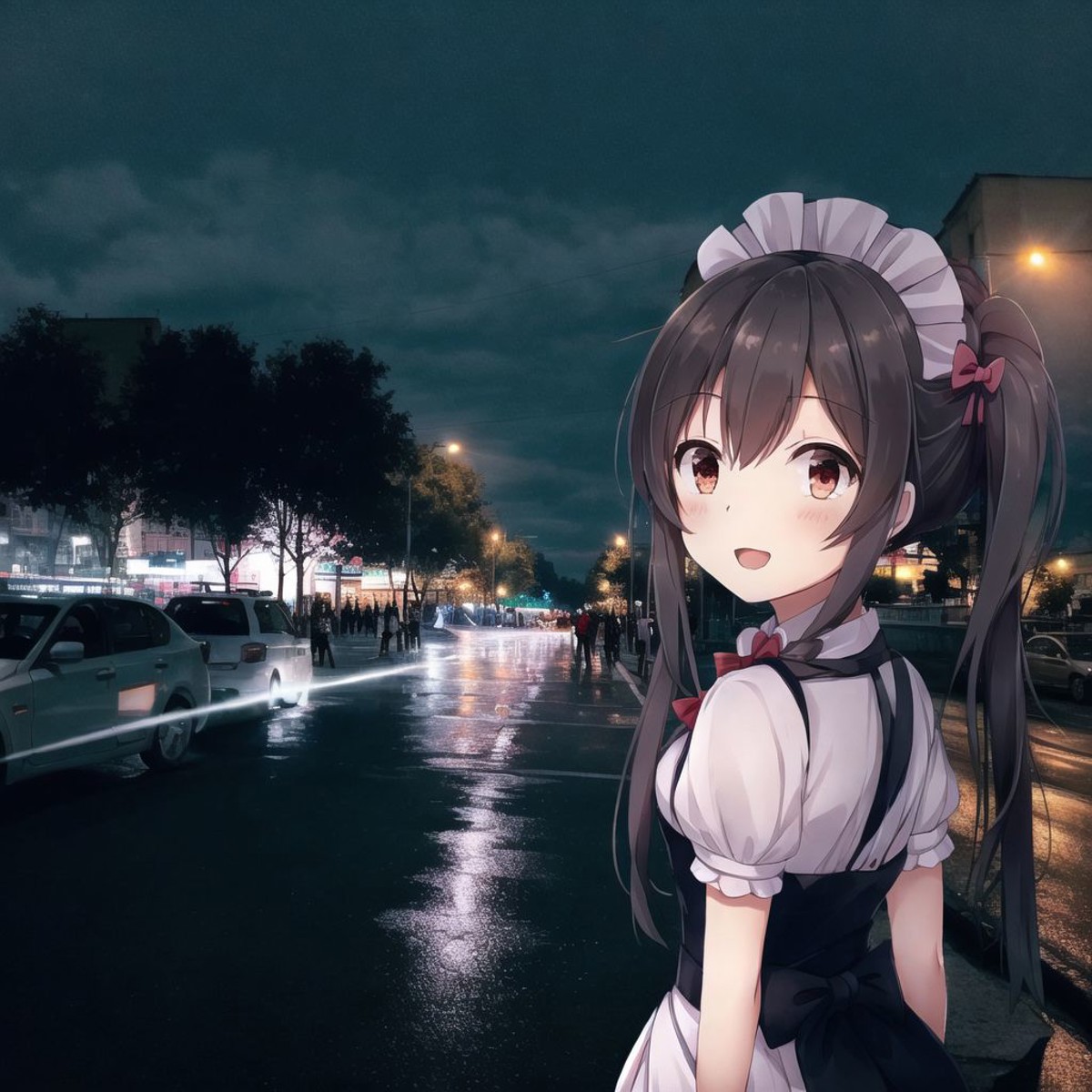 <lora:anime_irl:1>, anime_irl,  a city street at night with a lot of traffic and people walking on the sidewalk and cars d...