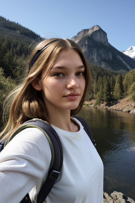 MeganDeshotel, ((22 years old)), ((selfie)) photo, serious look, outdoors, mountains, wearing a backpack, sweater, hiking jacket, rocks, river, wood, analog style, (look at viewer:1.2), (skin texture), close up, cinematic light, sidelighting, Fujiflim XT3, DSLR, 50mm