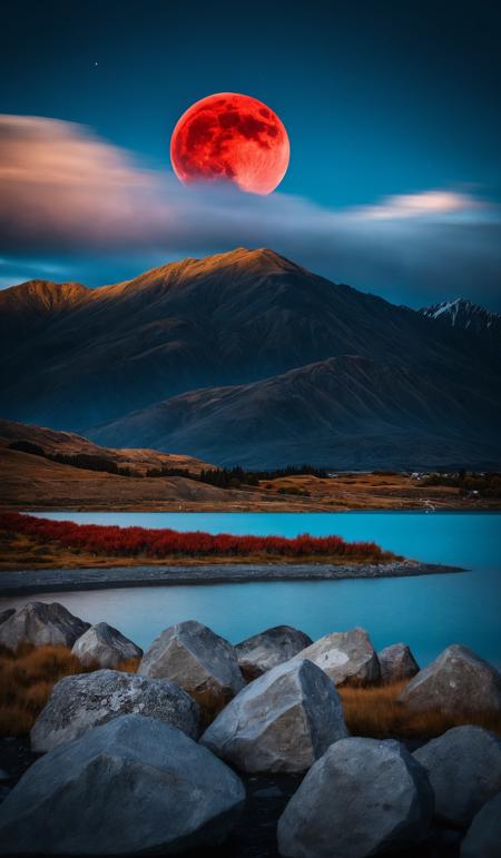 A breathtaking shot of a large full red moon rising behind the mountains at lake tekapo in autumn in new zealand, captured in a macro shot in a dark full of mysterious clouds, incorporating elements that embody the spirit of optimism and possibility infusing a sense of hope; settings: f/10 aperture, 30 sec shutter speed, ISO 200, using a full frame camera with a telephoto lens, from a low angle with the warm tones of the golden hour., <lora:add-detail-xl:1>, <lora:SDXLHighDetail:0.5>