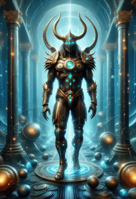 SFW,PG,           
  Beneath the crushing depths of an otherworldly ocean, where light bends into neon waves and bioluminescent creatures drift like wandering spirits, the lost kingdom of Neo-Atlantis is ruled by a god unlike any other—Cyber Poseidon, the Oceanic Overlord.
His titanic form, a fusion of gleaming aqua-chrome armor and ancient marble, stands atop a submerged temple, its pillars etched with pulsating circuits that glow an electric cerulean blue. His piercing, holographic eyes scan the abyss, tracking every movement in his vast domain. Streams of data flow like water across his body, synchronizing with the ever-shifting tides of the digital ocean.
In his grasp, he wields the Trident of the Abyss, not a mere weapon, but a quantum energy staff forged from liquid titanium, crackling with bioluminescent plasma. With a single thrust, it sends shockwaves through the currents, commanding mecha-leviathans—colossal cybernetic sea beasts infused with Atlantean AI, their exoskeletons engraved with ancient runes that flicker in alien code.
Towering submerged coliseums and ruins stretch endlessly around him, illuminated by the soft hum of holographic coral reefs. 
Above, Neo-Atlantis' sky is a shimmering dome of energy, separating this lost world from the crushing weight of reality. The surface world has long forgotten Poseidon’s rule… but deep below, in the digital tides, he reigns eternal.