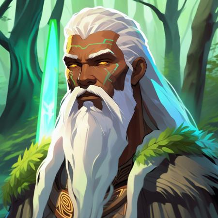 Digital Art Style of a (a close up portrait facing the camera) (((Ancient Druid))) with long white hair and a beard, eyes glowing with ancient wisdom. They stand in a forest clearing, surrounded by ancient standing stones and ethereal light) Celtic mythology, nature magic theme game art concept art digital painting,<lora:Mythoscape Visions - Digital Art Style of a:1>