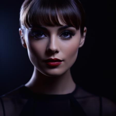 cinematic film still of  <lora:Butterfly Lighting style:1>
Butterfly lighting photography of a woman with a black dress and a black background,1girl,solo,looking at viewer,short hair,simple background,monochrome,greyscale,lips,eyelashes,makeup,black background,portrait,realistic , nose shadow, realistic, realism, photorealism, hyperrealism, hyperrealistic, realistic, sharp, detailed, cinematography style, film light style, movie still,  professional photography, artistic, perfection, contrast, cinematic, filmic, high quality photo,  8k quality, colorful, partially covered in shadow, photography style, butterfly lighting style, shallow depth of field, vignette, highly detailed, high budget, bokeh, cinemascope, moody, epic, gorgeous, film grain, grainy