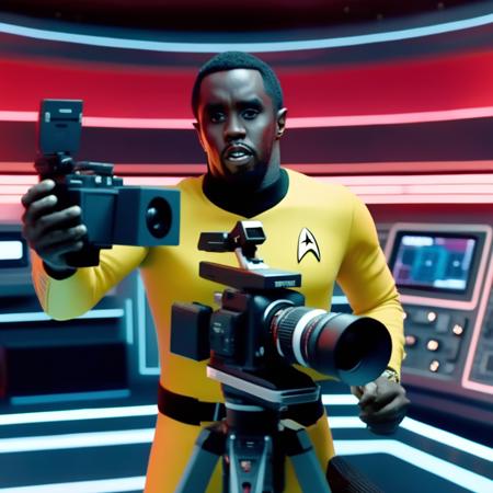 <lora:puffdiddyxl:1.2>  puffdiddy man, beard,, very dark skin  black hair,, on a space ship deck wearing star trek outfit, holding a camera fiming <lora:Clay Animation:1> clay, animation, claymation