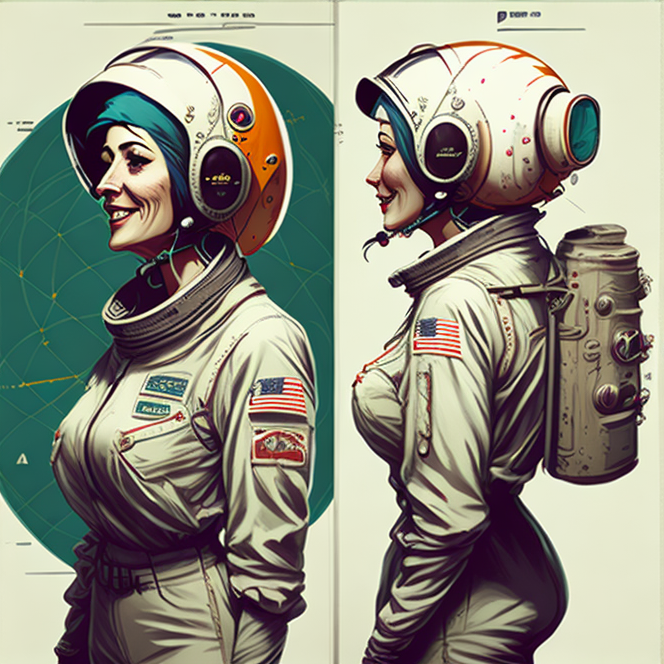 21CharTurnerV2_L-1110 character turnaround of a old woman astronaut. Retro, pinup, bubble helmet. photographic, concept-art