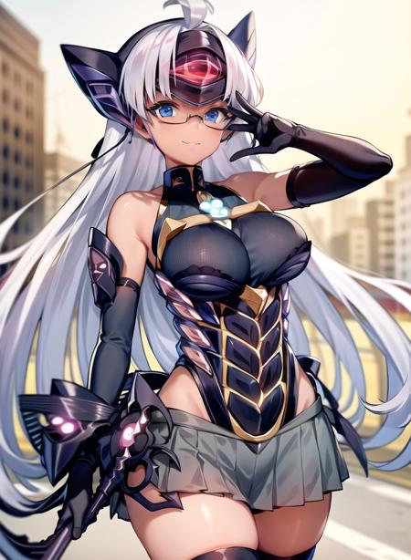 1girl,masterclass,best quality, outdoors,city,   black_thighhighs, elbow_gloves, glasses, gloves, headgear, sleeveless,  leotard, black_leotard, TElosXenoblade2, black_skirt  <lora:T-ElosV2D8_e6:1>