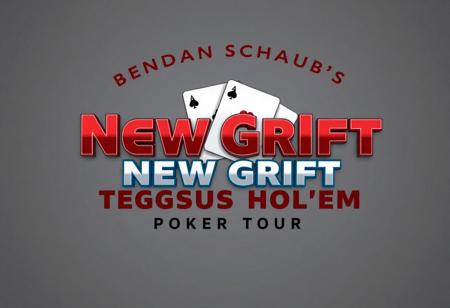 A professional 3d poker logo on a grey background saying "BRENDAN SCHAUB'S NEW GRIFT" on the first line, then big red bold stylized letters under spelling "TEGGSUS HOL'EM" and on the third line in small letters it says "POKER TOUR, Logo in poker style with four different playing cards, sport vibe