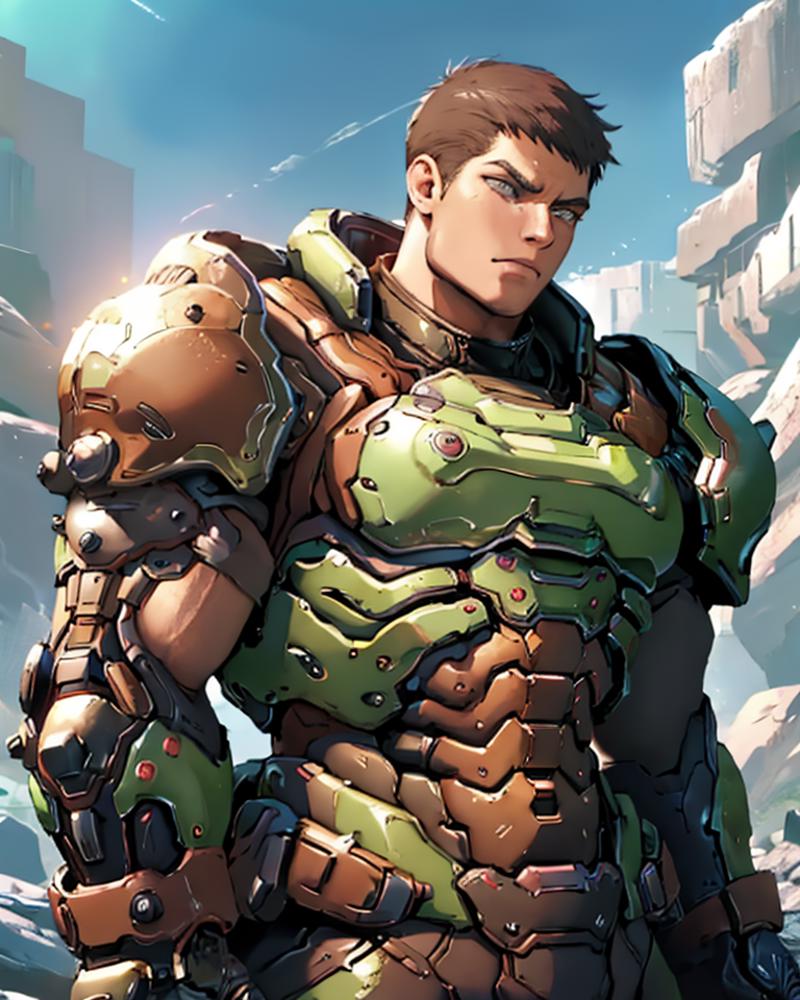 A man wearing a green and brown armor suit.