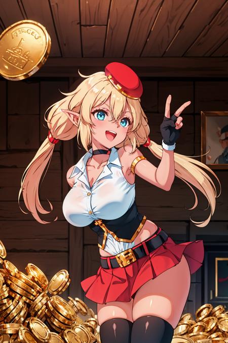 masterpiece, best quality, evangeline, twintails, beret, choker, white shirt, fingerless gloves, belt, red skirt, black thighhighs, cowboy shot, large breasts, (pile of gold coins), smile, open mouth, bending over, castle interior <lora:evangeline-nvwls-v1-000010:0.9>