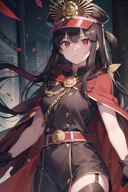 odanobunaga, <lora:odanobunaga-lora-nochekaiser:1>, 
oda nobunaga, black hair, long hair, (red eyes:1.5),
BREAK chain, cloak, family crest, gloves, grey gloves, hat, military, military hat, military uniform, peaked cap, uniform,
BREAK looking at viewer,
BREAK outdoors,
BREAK <lyco:GoodHands-beta2:1>, (masterpiece:1.2), best quality, high resolution, unity 8k wallpaper, (illustration:0.8), (beautiful detailed eyes:1.6), extremely detailed face, perfect lighting, extremely detailed CG, (perfect hands, perfect anatomy),