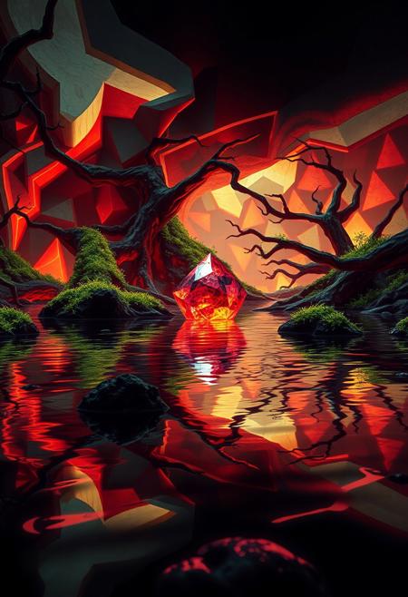 infinite geometry in water reflections, brutal edges, fractal-like ripples, (smooth surfaces:-1.4), smooth yet angular surfaces,a gemstone, flowing organic forms, (low quality:-1.2), (bad composition:-1.3), raw, sculptural appearance, (overloaded multichromatic colors:1.6), vibrant, intersecting planes of water, mud, (soft lighting:-1.2), fragmented glowing elements, psychedelic tones, stark swamp lighting, neon glow from bio-luminescent plants, exaggerated features, (blurry:-1.2), saturated hues, (noisy:-1.1), rigid root structures, high resolution, (cartoonish:-1.1), sharp and jagged reflections in murky water, and plants, recursive patterns in moss and water, (a ruby:1.5), interlocking vines, dystopian vibe, unsettling, primal aesthetic, minimal details, unrefined textures, flowing organic geometry, (polished:-1.3), (disjointed anatomy:-1.3), intricate fractal structures in vegetation, (overly ornate:-1.5), photorealism, multichromatic colors, swamp, (ugly:-1.3)
