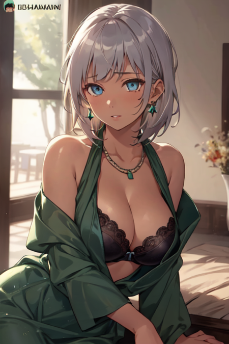 AyeshaMansion, 1girl, solo, short hair, grey hair, blue eyes, large breasts, dark-skinned female