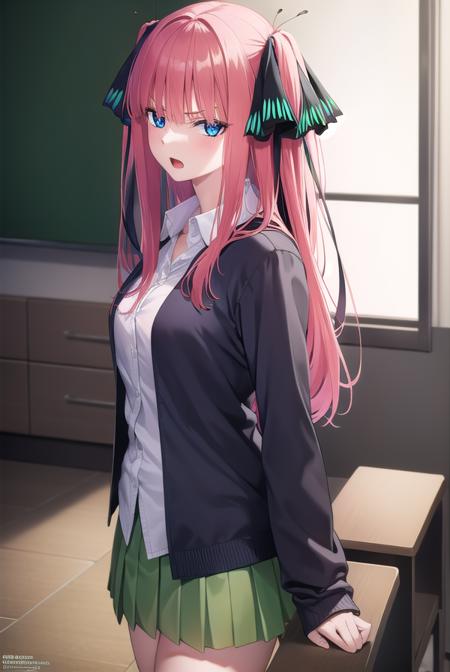 ninonakano, <lora:ninonakano-lora-nochekaiser:1>, 
nino nakano, long hair, bangs, blue eyes, hair ornament, hair ribbon, pink hair, blunt bangs, two side up, butterfly hair ornament, <lora:gekioko_v200:1>, angry, open mouth,
BREAK skirt, shirt, long sleeves, white shirt, pleated skirt, open clothes, collared shirt, sleeves past wrists, dress shirt, cardigan, green skirt, open cardigan, black cardigan,,
BREAK indoors, classroom, school,
BREAK looking at viewer, 
BREAK <lyco:GoodHands-beta2:1>, (masterpiece:1.2), best quality, high resolution, unity 8k wallpaper, (illustration:0.8), (beautiful detailed eyes:1.6), extremely detailed face, perfect lighting, extremely detailed CG, (perfect hands, perfect anatomy),