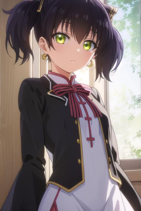 kochouwang, <lora:kochou wang s1-lora-nochekaiser:1>,
kochou wang, short hair, black hair, twintails, (green eyes:1.3),
BREAK thighhighs, long sleeves, dress, bow, ribbon, jewelry, earrings, black thighhighs, sleeves past wrists, chinese clothes, armband, sleeves past fingers,
BREAK indoors, classroom,
BREAK looking at viewer, (cowboy shot:1.5),
BREAK <lyco:GoodHands-beta2:1>, (masterpiece:1.2), best quality, high resolution, unity 8k wallpaper, (illustration:0.8), (beautiful detailed eyes:1.6), extremely detailed face, perfect lighting, extremely detailed CG, (perfect hands, perfect anatomy),