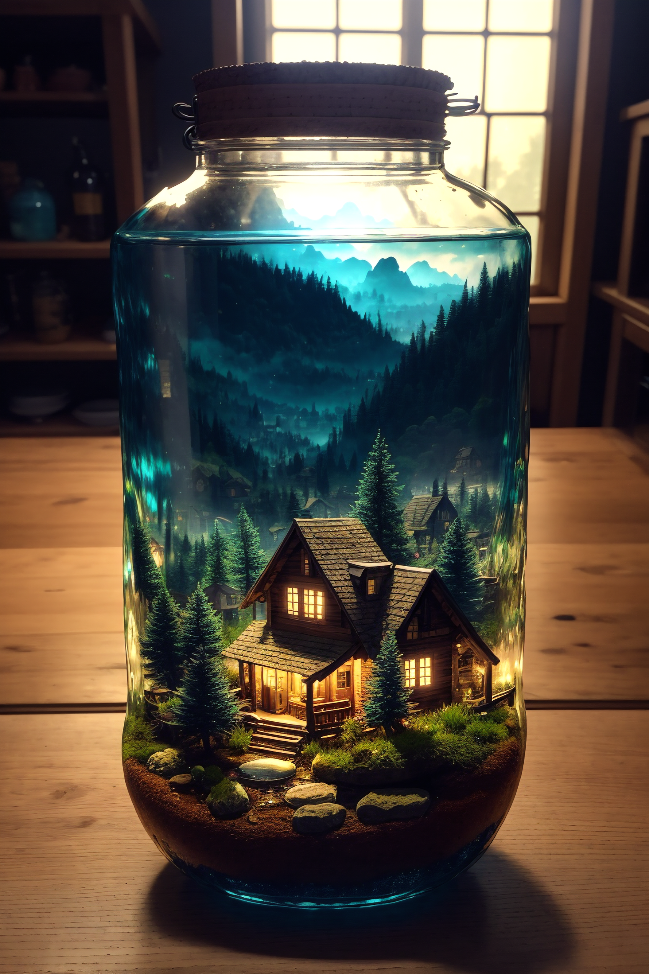 (concept art), (An intricate forest minitown, village, landscape trapped in a bottle), biome, thick glass, weathered, atmo...