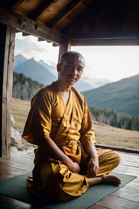 buddhist monk sits in the lotus pose in front of a small mountain cabin, asian conical hat, yellow robes, RAW photo, subject, 8k, soft lighting, high quality, film grain