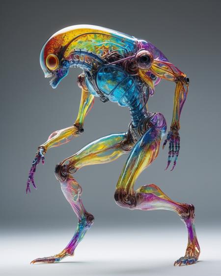 focus on alien non-anthropomorphic bioengineered creature, transparency:1.4, (detailed cybernetic implants fused with organic matter:0.5), full body, (with intensely vibrant swirling colors:1.9), realistic photo, <lora:add-detail-xl:1.0> ,  <lora:artialien:1> artialien