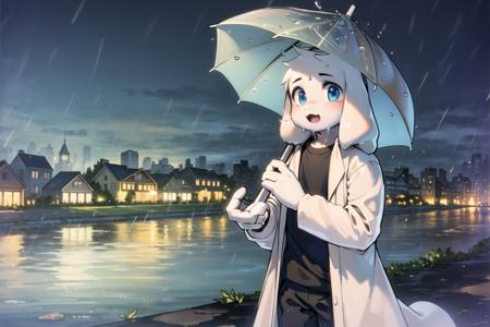 1boy, <lora:asriel-30:0.9>, raincoat, rain, umbrella, town, night