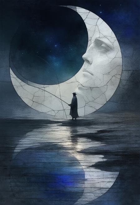 A haunting and evocative depiction of a mysterious figure fishing on a curved surface resembling a crescent moon, rendered in a Cubist stained-glass style, exploring themes of isolation, reflection, and the search for meaning amidst a vast and indifferent universe. The scene explodes into geometric shards, showcasing fragmented perspectives of the figure, the shimmering surface of the crescent moon, and a dark, star-strewn sky that dwarfs the landscape. The palette utilizes deep indigo and charcoal gray for the shadows, vibrant silver and gold to capture the moonâs ethereal glow, and splashes of crimson to symbolize unknown depths. Photorealistic textures of weathered stone, flowing water, and the figureâs worn clothing harmonize with the fractured composition, creating a powerfully symbolic portrait of introspection, resilience, and the enduring human need to connect with something larger than oneself. Ultra detailed, 8k resolution, volumetric lighting, octane render, emphasizing the interplay of light and shadow and evoking a feeling of cosmic melancholy and quiet determination.