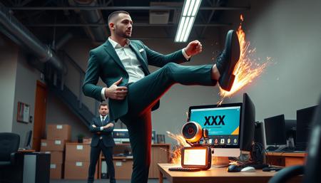 masterpiece of photography, dyanimic framing, an incredible image,The man, dressed in a sleek and professional green fir business suit, exudes an air of authority and confidence as he steps onto the scene. His name tag proudly displays the words "CivitAI", indicating his affiliation with cutting-edge technology solutions.  In one swift motion, he raises his foot and brings it down forcefully upon a computer, its screen emblazoned with the bold letters "XXX". The impact sends a shockwave through the room, causing nearby equipment to rattle and electronic devices to emit startled beeps.,