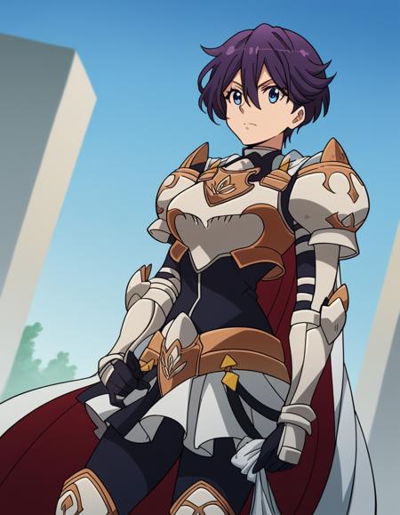 beefeater e caty, short hair, purple hair, blue eyes, hair between eyes, medium breasts skirt, gloves, cape, armor, shoulder armor, gauntlets,