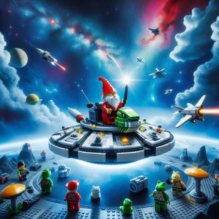 Whimsical Cartoon into Real Photo Backgrounds, Pixel Art, PixArFK, made of legos, 
score_9, score_8_up, score_7_up, score_6_up, score_5_up, score_4_up, masterpiece best quality, excellent countershading, detailed lighting, depth of field, dynamic angle, close up, oil painting BREAK a whimsical gnome riding a Shiba Inu flying saucer with its mouth open charging a laser beam, funny, realistic, photograph, shiny, rabbit, bear, frog, BREAK star cluster,space stars,clouds,stars,nebula,space art, deep space, cyberpunk space station, sci-fi space station, outer space, stars, planets, nebula, galaxies, the Milky Way, space station, massive space station, space shuttle, PixArFK
