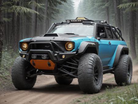 cyberpunk (((off road muscle car zeekars))), wide tires, in a forest, <lora:zeekars:0.65>, (diesels punk)
