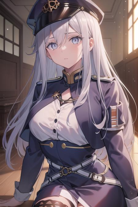 vladilenamilize, <lora:vladilenamilizetest:1>,
vladilena milize, (grey eyes:1.5),  grey hair, hair between eyes, long hair, ahoge,
BREAK blue headwear, blue jacket, blue skirt, hat, jacket, military, military hat, military uniform, peaked cap, shirt, skirt,  thighhighs, uniform, white shirt,  white thighhighs,
BREAK looking at viewer,
BREAK indoors, classroom,
BREAK <lora:GoodHands-vanilla:1>, (masterpiece:1.2), best quality, high resolution, unity 8k wallpaper, (illustration:0.8), (beautiful detailed eyes:1.6), extremely detailed face, perfect lighting, extremely detailed CG, (perfect hands, perfect anatomy),