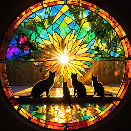 Beautiful colourful leadlight window showing images of a family of cats at play, 
sun shining through casting a shadow on thefloor, 
Broken Glass effect, 
no background, 
stunning, 
something that even doesn't exist, 
mythical being, 
energy, 
molecular, 
textures, 
iridescent and luminescent scales, 
breathtaking beauty, 
pure perfection, 
divine presence, 
unforgettable, 
impressive, 
breathtaking beauty, 
Volumetric light, 
auras, 
rays, 
vivid colors reflects