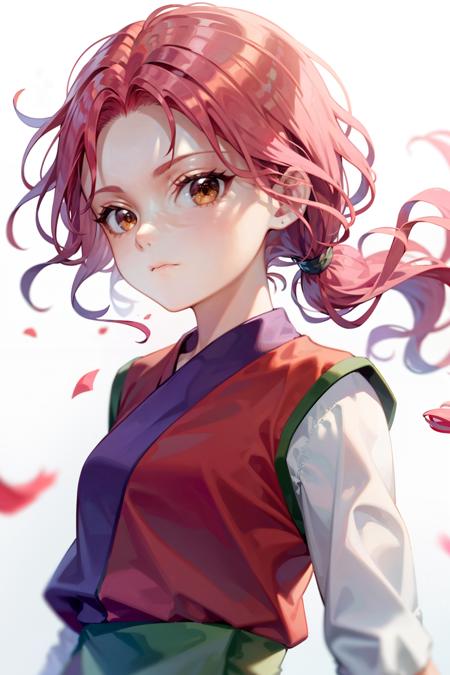 masterpiece, best quality,solo,1girl, ponytail, long hair, upper body,  pink hair, red hair, long sleeves, looking at viewer, brown eyes, yellow eyes, shirt, closed mouth, arm up,  floating hair, red shirt,