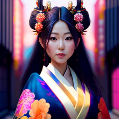 A beautiful japanese girl with hair ornament,  wearing a kimono with large breast, estiloventidois.