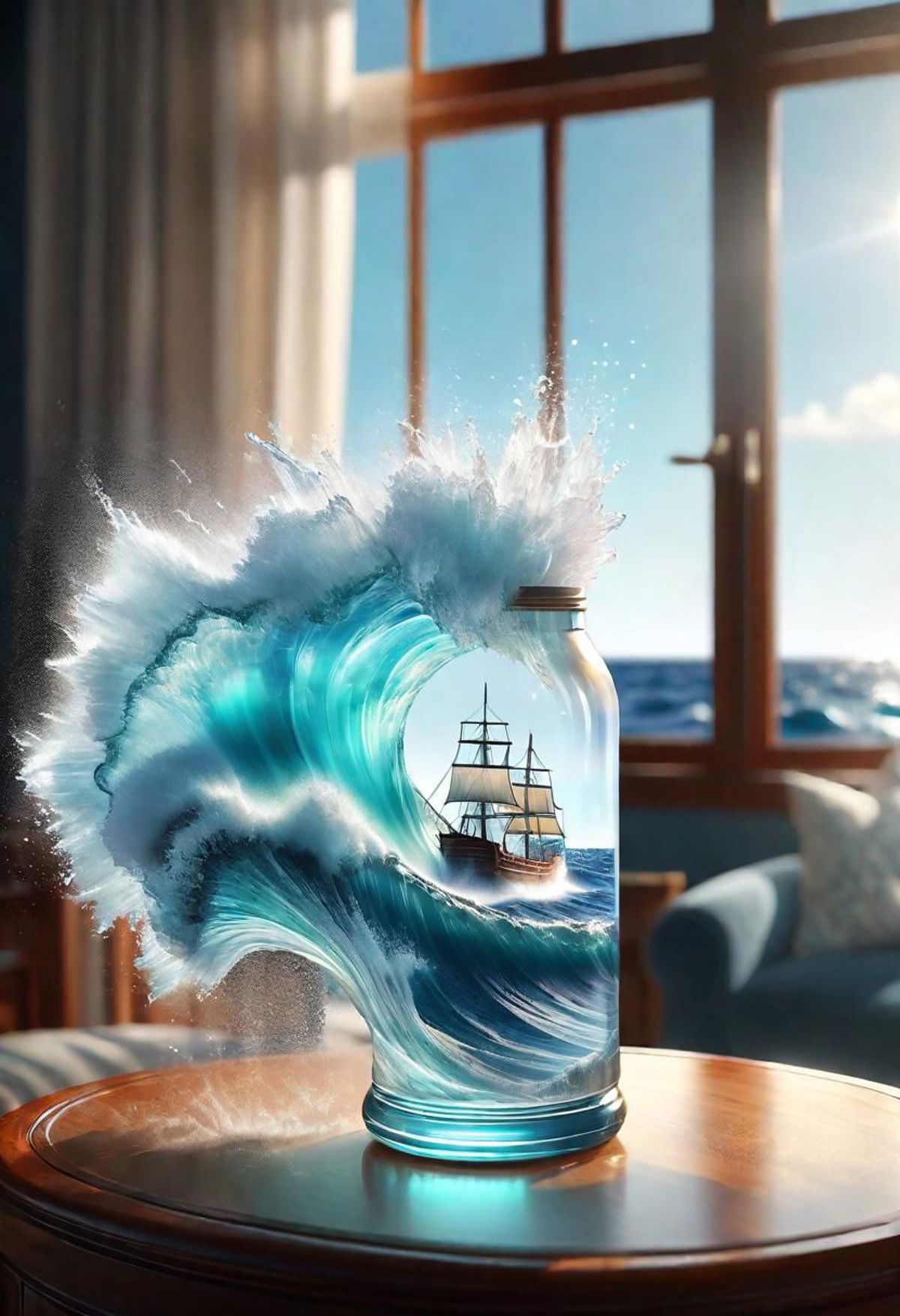 A large blue bottle with a sailboat inside of it on a table.