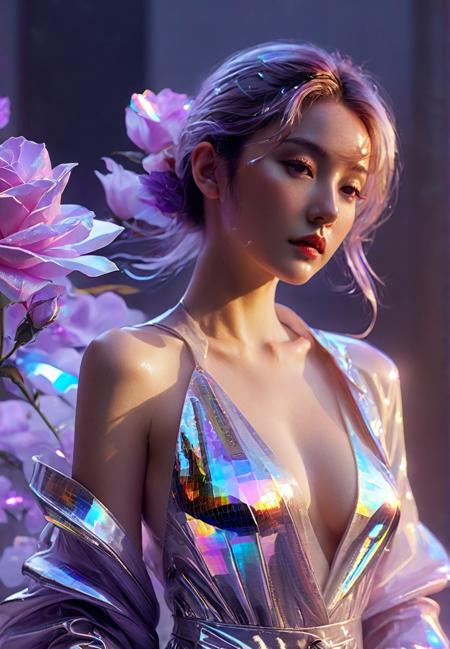 cinematic photo official art,unity 8k wallpaper,ultra detailed,aesthetic,masterpiece,best quality,photorealistic,entangle,(purple rose:1.3),tangle,entangle,(1girl:1.3),chinese woman,(full body:1.4),Glowing eyes,tears,Golden eyeshadows,ecstasy of flower,dynamic angle,(the most beautiful form of chaos:1.2),elegant,Gradient colours,(romanticism:1.1),film,professional,skin detail realistic,Shimmering Crysta,looking at viewer,profile,(holographic:1.2),<lora:holographic1_10xl-10:0.8>,(transparent raincoat:1.2),holographic,a woman in a dress with a futuristic design on it's chest and arms,holographic fabric,solo,1 girl,translucent glass,holographic structure,glowing,clear glass,dress,big breasts,cleavage,slender,(flower sea:1.4),(the petals are flying around the girl:1.5),white hair,curly hair,long hair,(pony-tail:0.9),