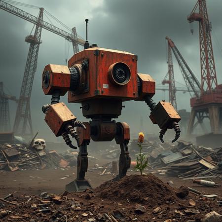 apocalyptic world, trash everywere, giant cranes, robot parts dump. black smog, dust, a big red robot, square arms with tentacles, rusty body, small legs, big rounded mechanical eyes broken antenna medical logo visible electrical parts,  watching a small flower growing up on a small mound of earth