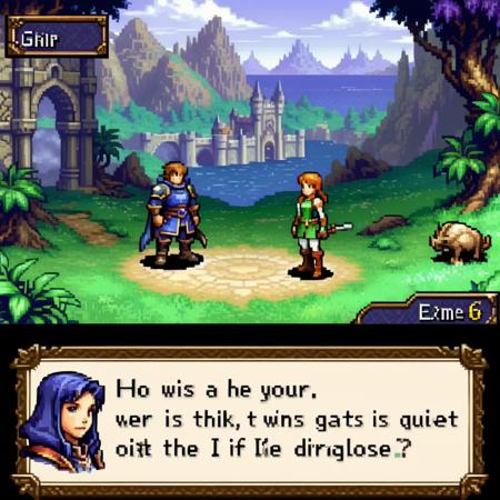 For a gaming-style image, create a classic RPG game scene featuring a detailed dialogue box with character portraits. The setting is vivid and immersive, typical of a fantasy RPG, with a lush, mystical landscape in the background. The character portrait is prominent, placed right next to the dialogue box for easy character identification. The portrait shows a character with expressive features, wearing attire fitting the game's fantasy theme. The dialogue box is styled in an ornate, medieval font, enhancing the RPG feel, and it contains engaging, story-driven text that hints at an epic quest or important decision.,  <lora:gbaplay_rpg:0.7>