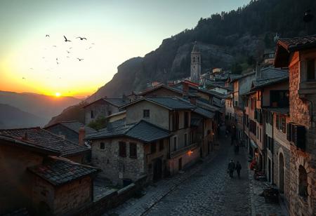 professional photo, photo of an old European mountain village with medieval cobblestone streets, a few people dot the streets but are too far to make out any details, a small flock of birds fly in the distances, no cars on the streets, at twilight, sun glows just over the horizon
