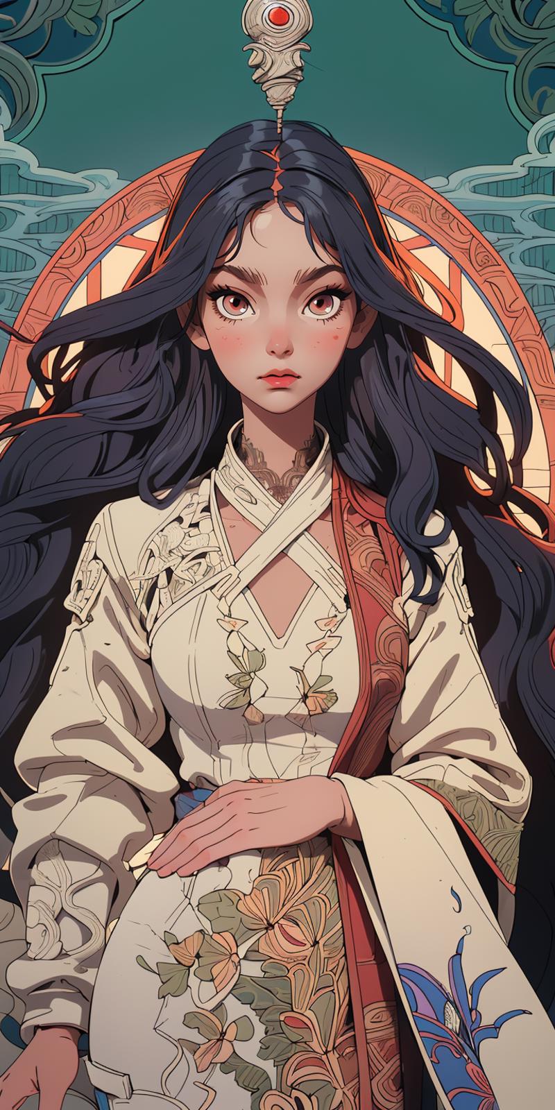 Anime Art of an Asian Woman in a Floral Dress with Flowing Hair and Red Lips.