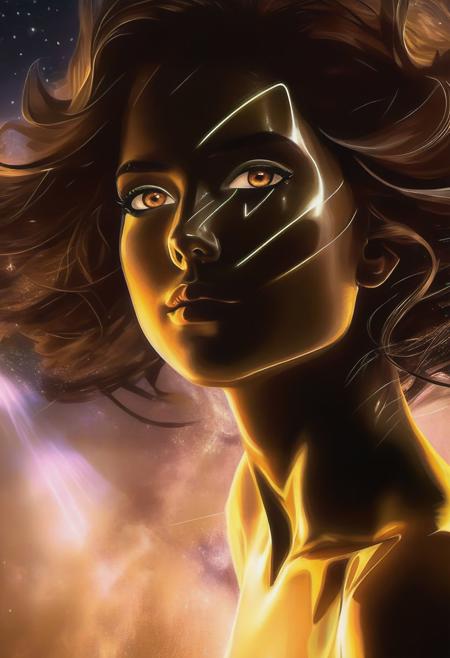 8K. (High quality:1.05), (masterpiece:1.07), (High details and aesthetics face:1.07), "I look at you sensually, showing my powers" A determined realistic adult girl with determined and sensual look, canthal tilt eyes, brown eyes, (thick wavy brown hair flowing until waist in wind:1.07), sensual standing pose, film_theme (she's in a sci-fi galaxy environment, outdoors)