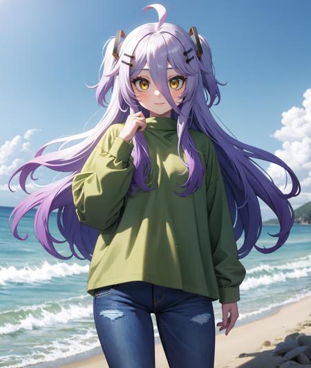 <lora:henya-v3-0-a2-000011:0.6>
1girl, solo, cowboy shot, standing, 
henya the genius, vshojo, 
beach, (plaid shirt, flannel), green shirt, jeans, blue pants,
yellow eyes, long hair, hair between eyes, ahoge, purple hair, grey hair, gradient hair, two side up, hair ornament